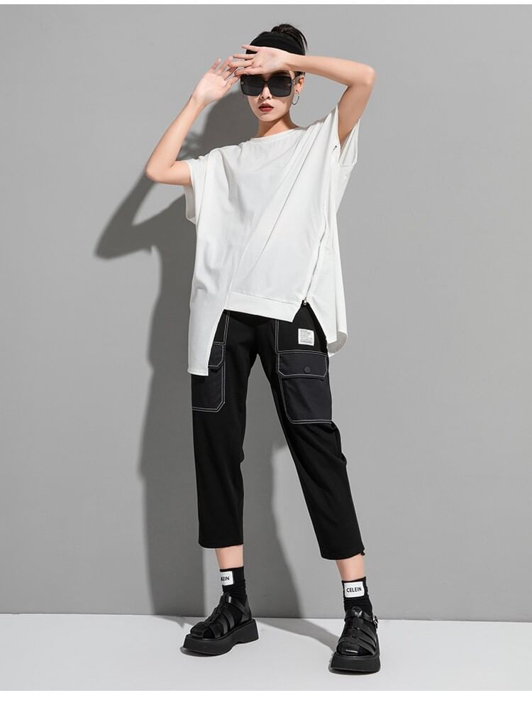 Asymmetric Zip Panel Tee with Round Neckline
