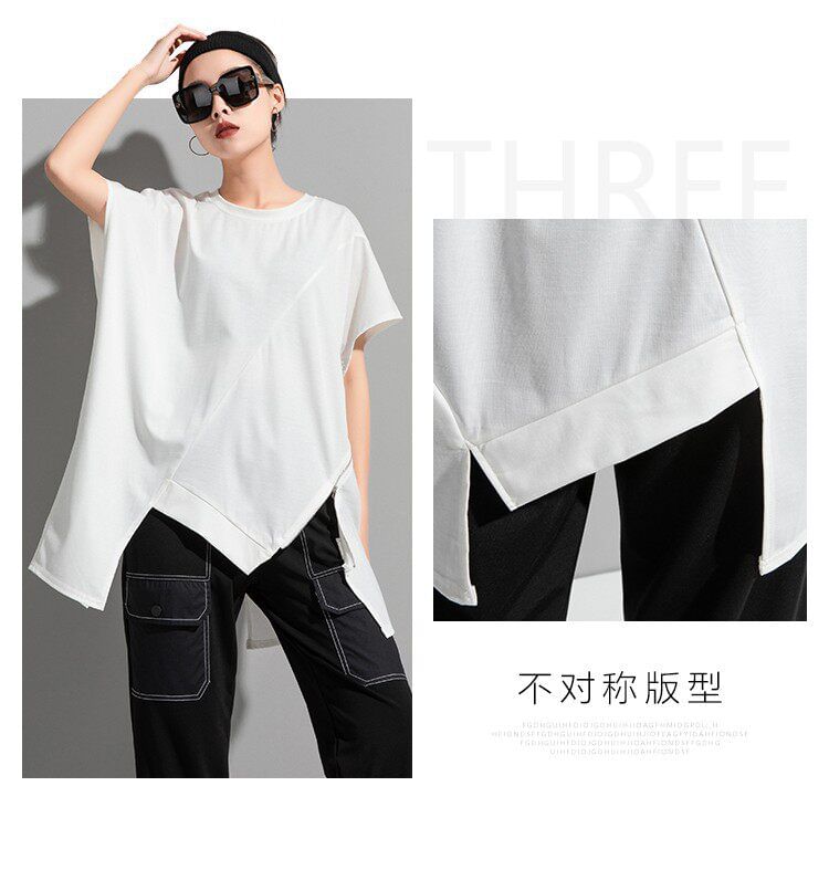 Asymmetric Zip Panel Tee with Round Neckline