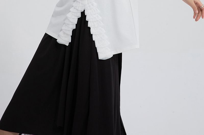 Asymmetric Crew Neck Tee with Ruffled Detail