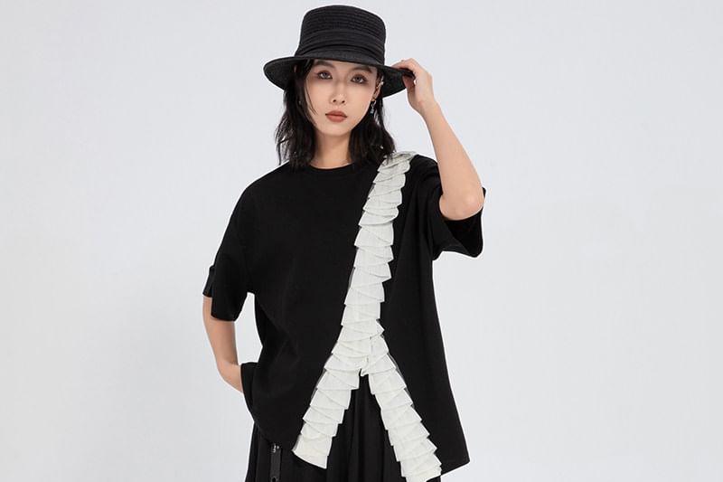 Asymmetric Crew Neck Tee with Ruffled Detail