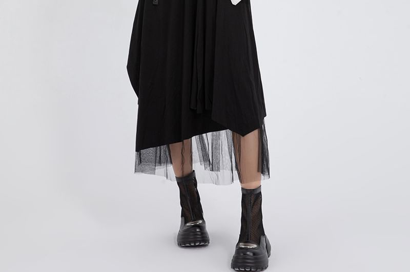 Asymmetric Crew Neck Tee with Ruffled Detail