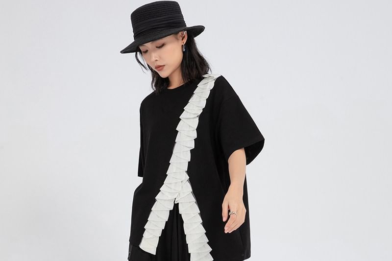 Asymmetric Crew Neck Tee with Ruffled Detail