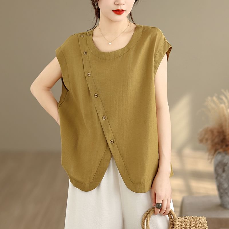 Button Front Slit Top with Cap Sleeves