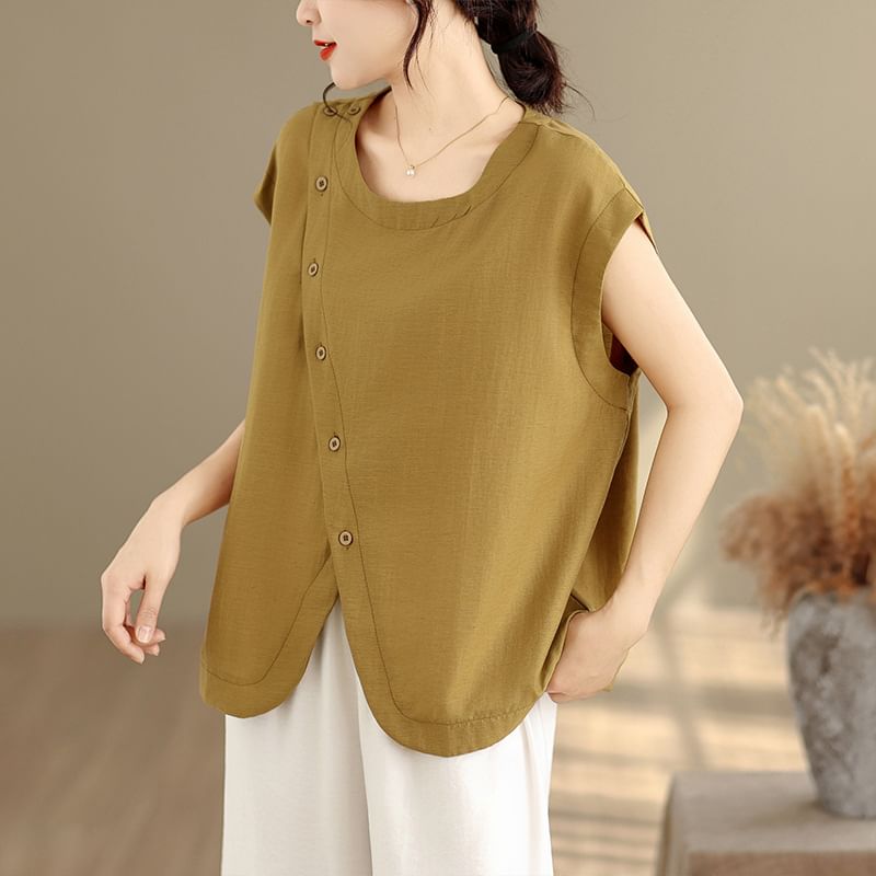 Button Front Slit Top with Cap Sleeves