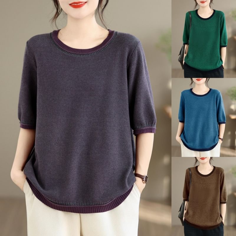 Contrast Trim Knit Top with Elbow Sleeves