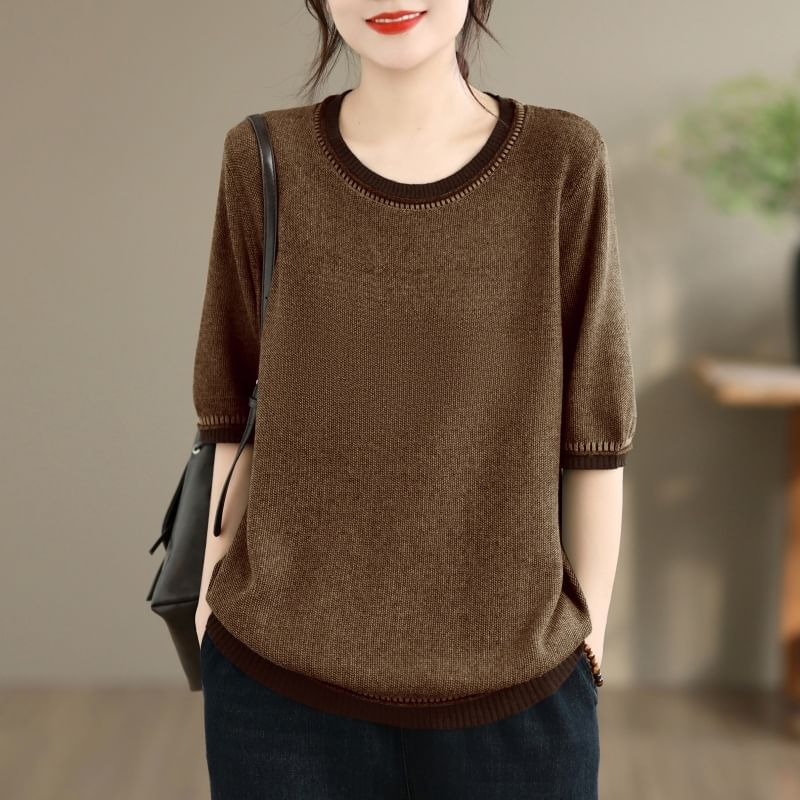 Contrast Trim Knit Top with Elbow Sleeves