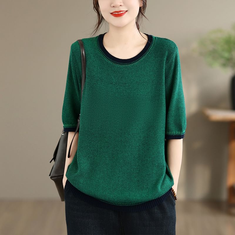 Contrast Trim Knit Top with Elbow Sleeves