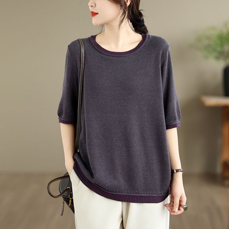 Contrast Trim Knit Top with Elbow Sleeves