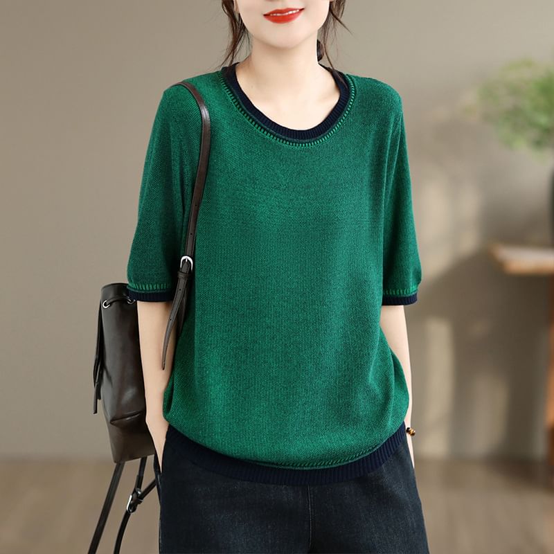 Contrast Trim Knit Top with Elbow Sleeves