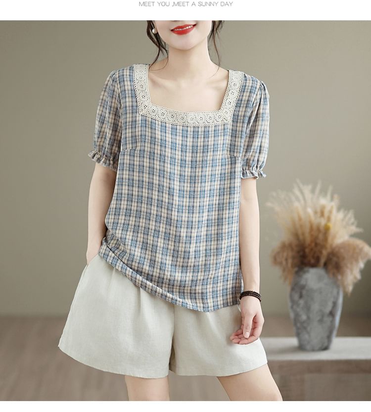 Square Neck Lace Trim Plaid Top
