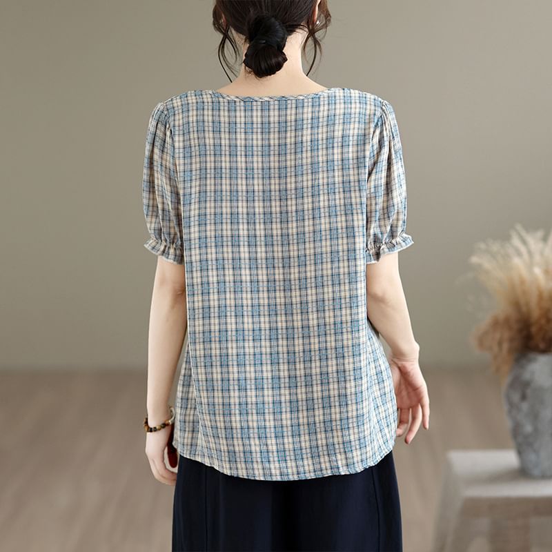Square Neck Lace Trim Plaid Top