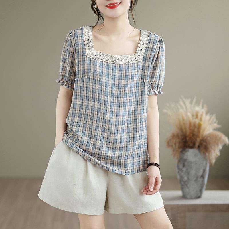 Square Neck Lace Trim Plaid Top