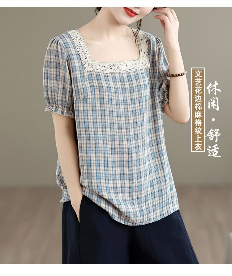 Square Neck Lace Trim Plaid Top