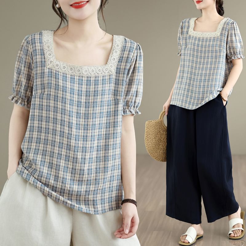 Square Neck Lace Trim Plaid Top