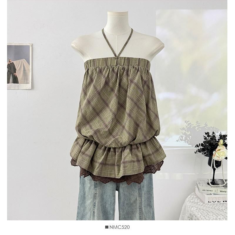 Plaid Lace Trim Halter Neck Sleeveless Top