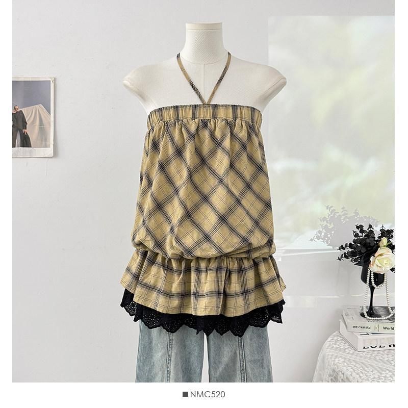 Plaid Lace Trim Halter Neck Sleeveless Top