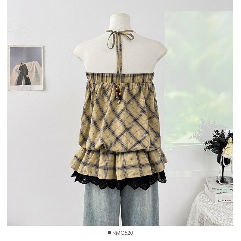 Plaid Lace Trim Halter Neck Sleeveless Top