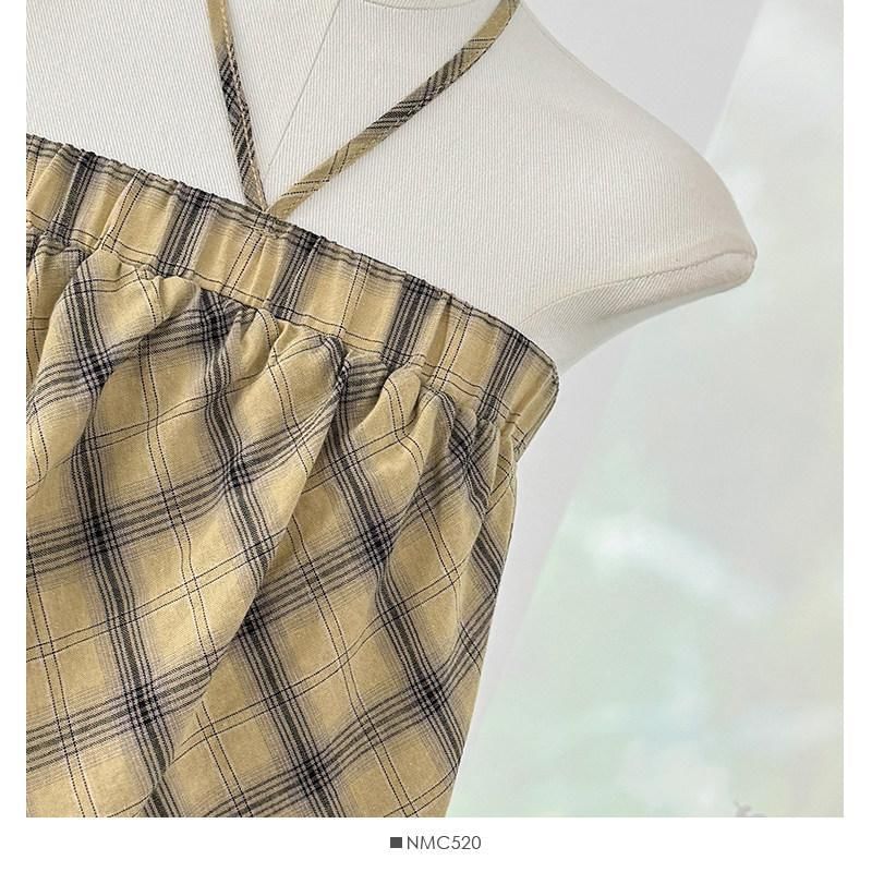 Plaid Lace Trim Halter Neck Sleeveless Top