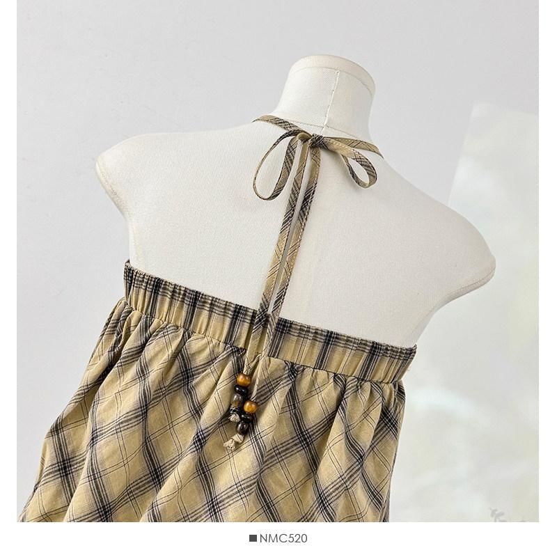 Plaid Lace Trim Halter Neck Sleeveless Top