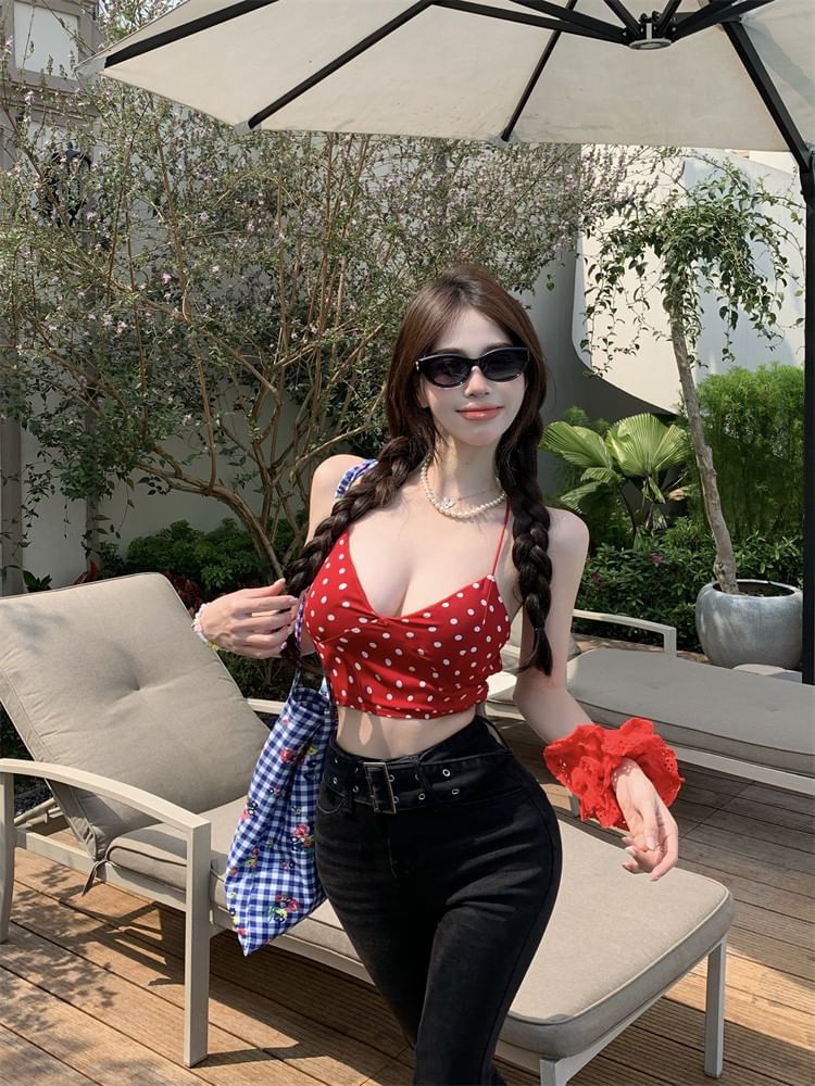 Halter V-Neck Polka Dot Open Back Crop Top