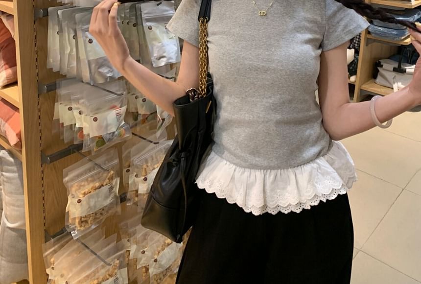 Short-Sleeve Crew Neck Eyelet Lace Panel Tee