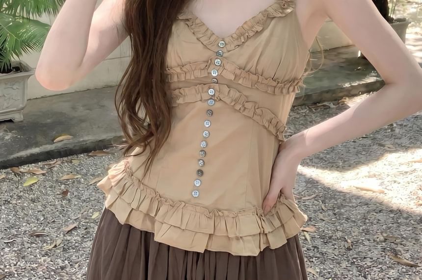 Halter V-Neck Frill Trim Slim Fit Top