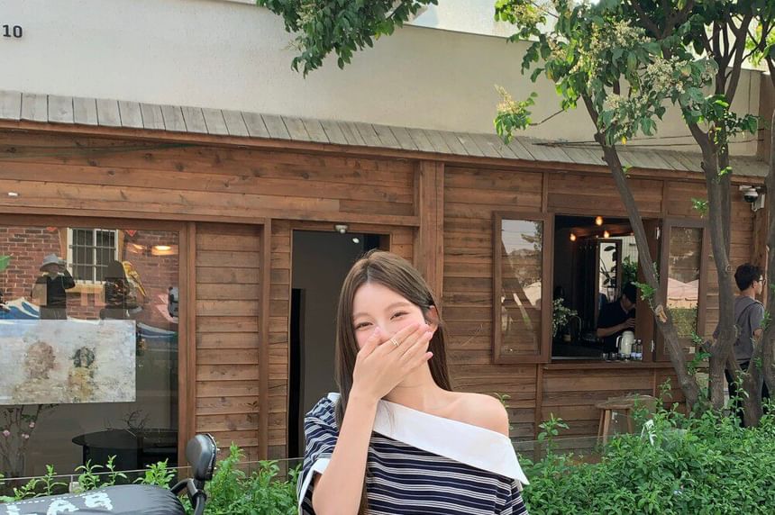 Elbow-Sleeve Off-Shoulder Striped Tee