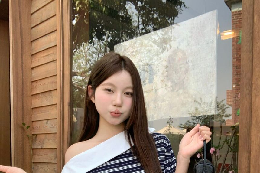 Elbow-Sleeve Off-Shoulder Striped Tee