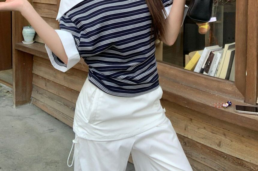 Elbow-Sleeve Off-Shoulder Striped Tee