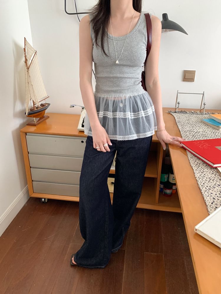 Scoop Neck Lace Panel Peplum Tank