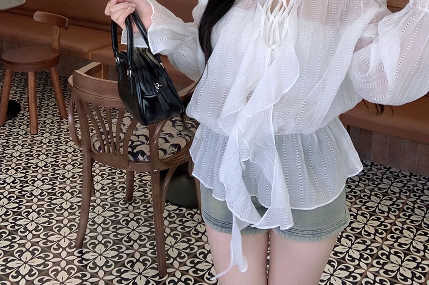 Long-Sleeve Off-Shoulder Sheer Tie-Front Blouse