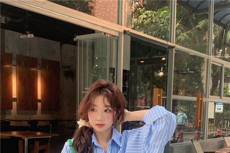 Short Sleeve Striped Loose Fit Shirt