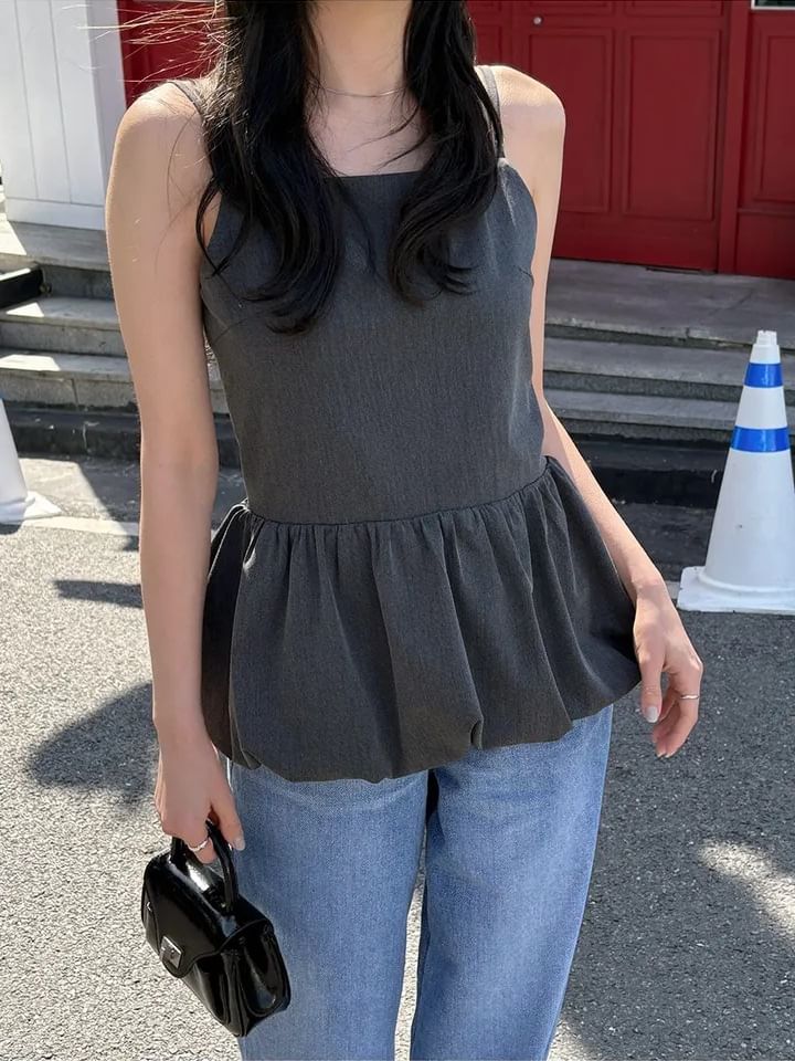 Square Neck Plain Open Back Bubble Hem Peplum Camisole Top
