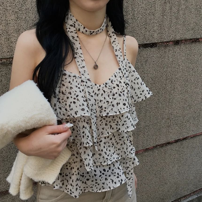 V Neck Leopard Sheer Layered Camisole Top