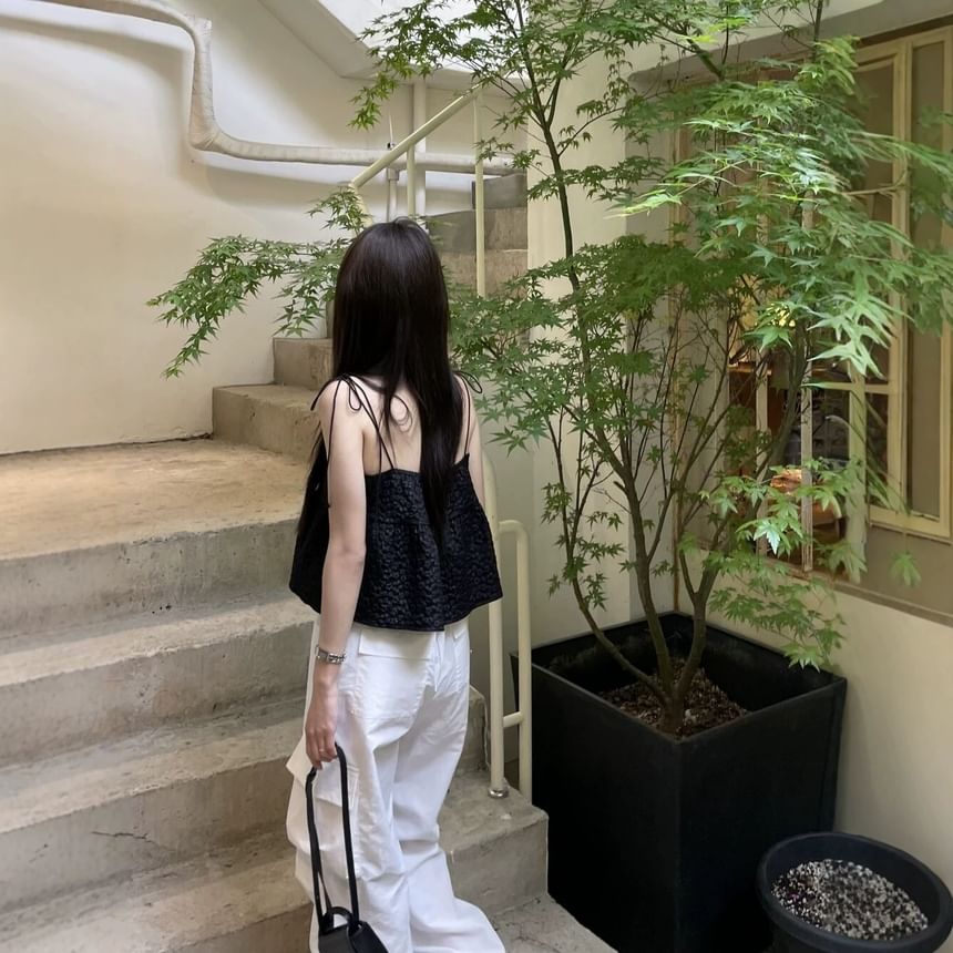 Tie Strap V Neck Plain Textured Loose Fit Camisole Top