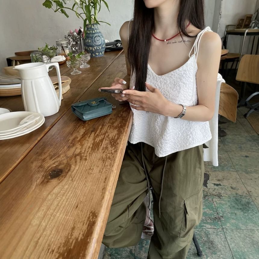 Tie Strap V Neck Plain Textured Loose Fit Camisole Top