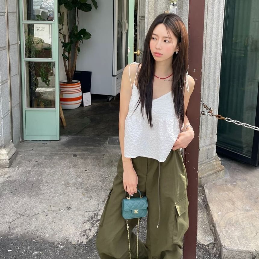 Tie Strap V Neck Plain Textured Loose Fit Camisole Top