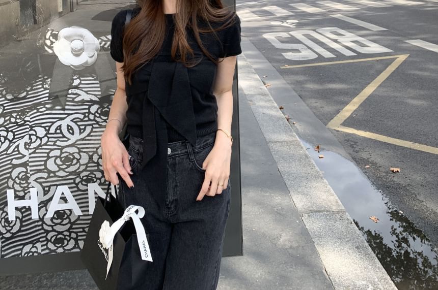 Set Short Sleeve Plain Slim Fit Knit Top Tie Front Tube Top
