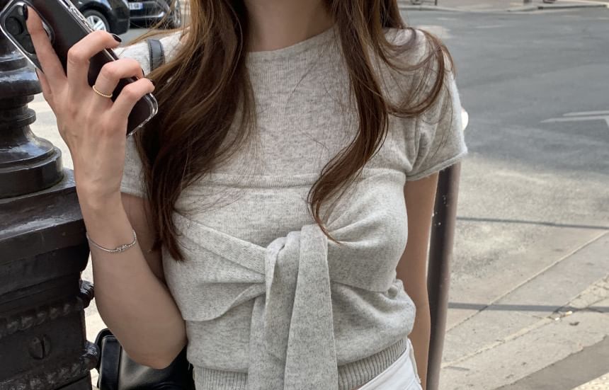 Set Short Sleeve Plain Slim Fit Knit Top Tie Front Tube Top