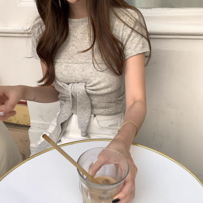 Set Short Sleeve Plain Slim Fit Knit Top Tie Front Tube Top