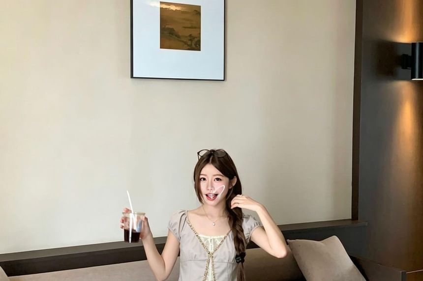 Mock Two Piece Puff Sleeve Lace Blouse