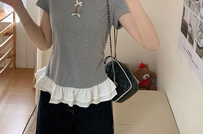 Short Sleeve Crew Neck Bow Ruffle Trim Tee
