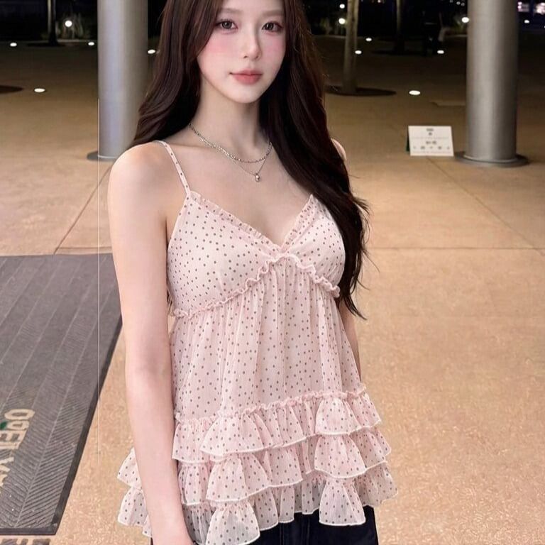 Ruffled-Hem Camisole Top with V-Neckline
