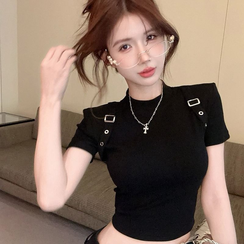 Buckled High Neck Short Sleeve Crop T-Shirt