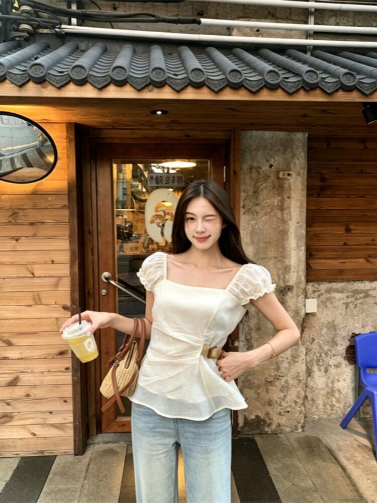 Sheer Square Neck Short Sleeve Top