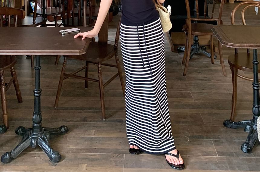 Knit V-Neck Top with Striped Maxi Skirt Set