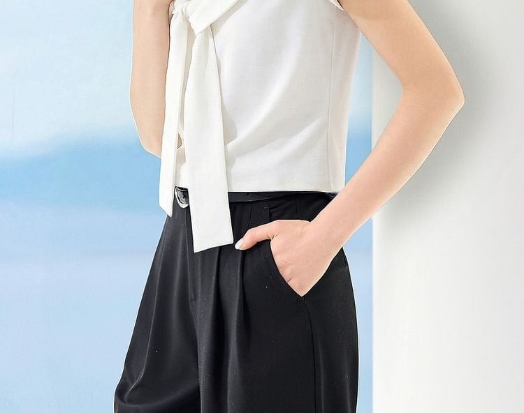 Knotted Panel Lace V-Neck Short Sleeve Top