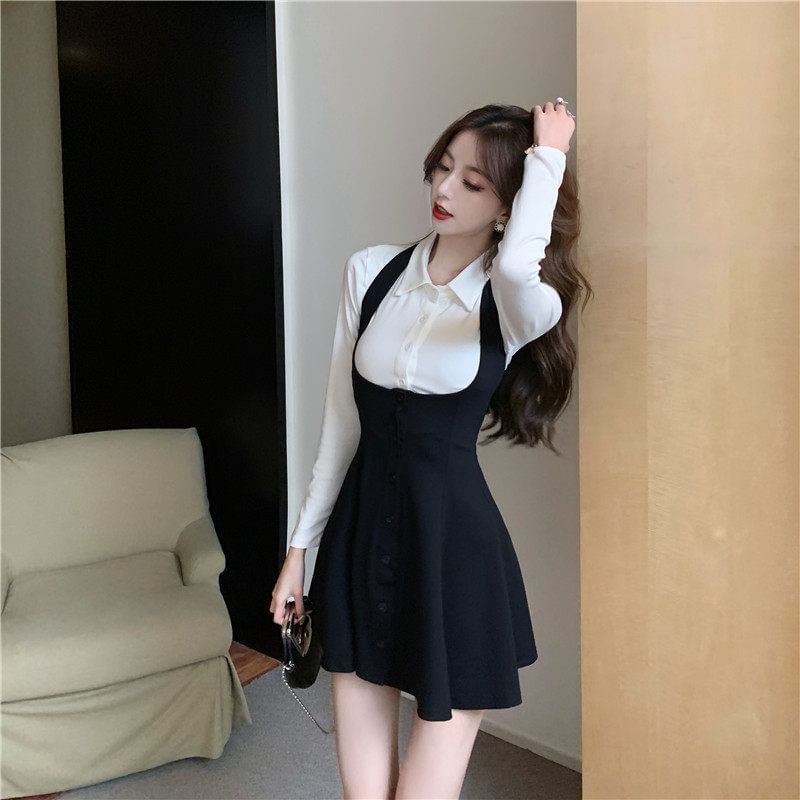 Collared Button Top & Halter Underbust Mini Dress Set