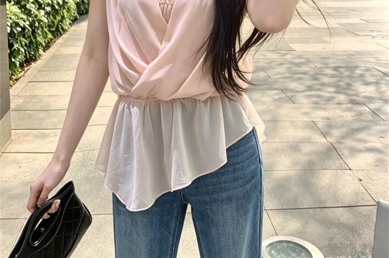 Asymmetric Mock Two-Piece Wrap Top