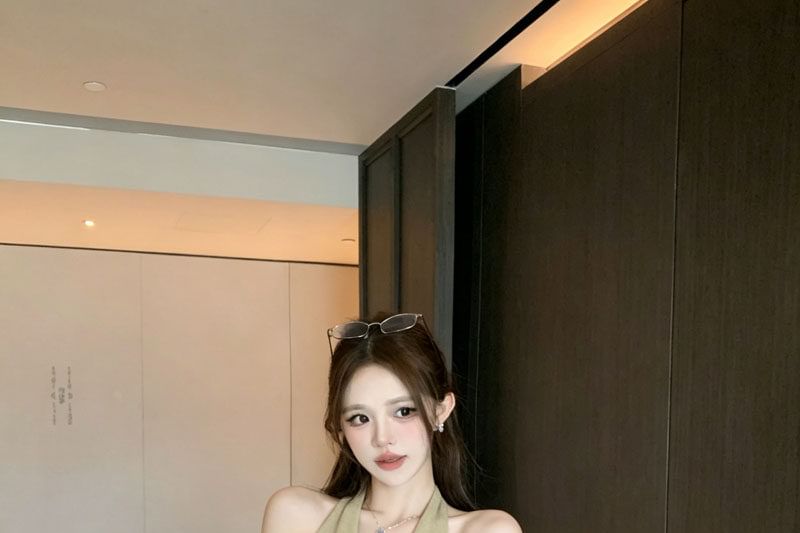 Button-Front Ribbed Knit Halter Top